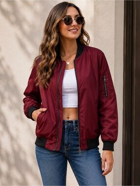 Zeagoo Wine Red Bomber Jacket Lightweight Zip Up Women’s Large NWT